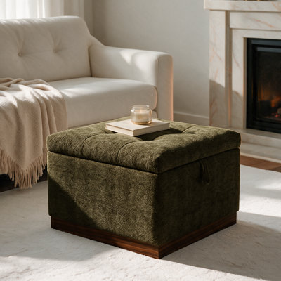 Pouf de rangement carré de 55 cm (21,6 po) capitonné avec couvercle relevable et base en bois