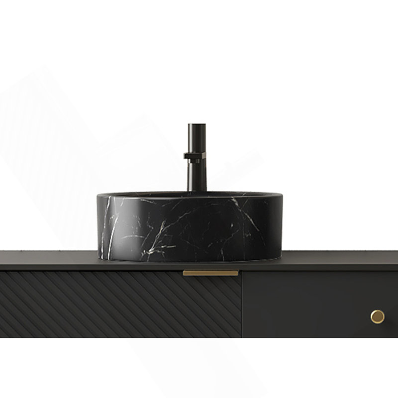 Lavabo de salle de bain rond 14 po en céramique avec motif de pierre, sans robinet, sans armoire, noir mat