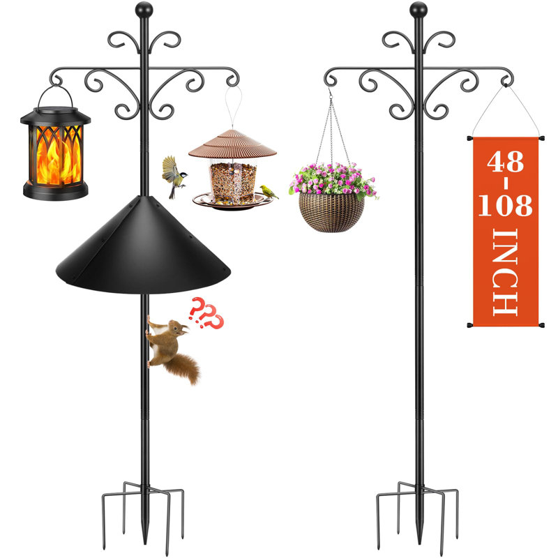 2 Pack 108 Inch Adjustable Tall Shepherds Hooks For Outdoor With 5 Prongs Base, Double Shepherd Hooks For Bird Feeder Stand