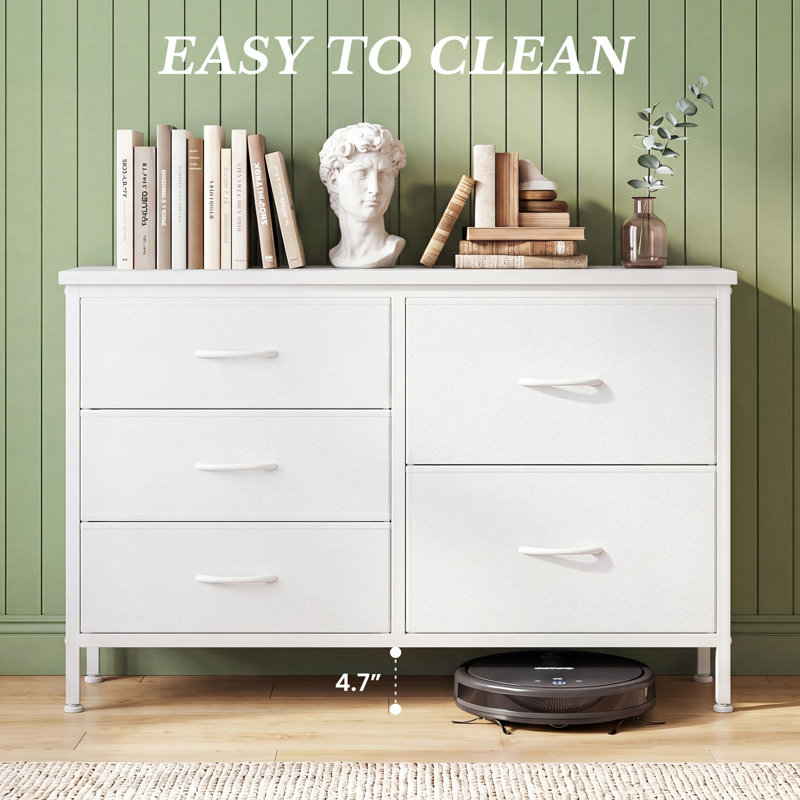 Commode en tissu avec plateau en bois, commode l 39,4 po avec 5 tiroirs, rangement, commode, Blanc