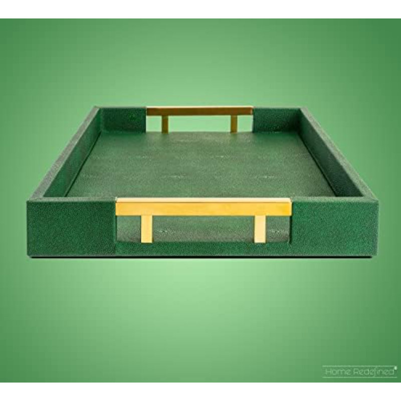 Modern Elegant 18"X12" Rectangle Emerald Green Shagreen Faux Leather Decorative Tray Ottoman Coffee Table Perfume Living Room Kitchen Serving Tray With Gold Polished Metal Handles For All Occasion's