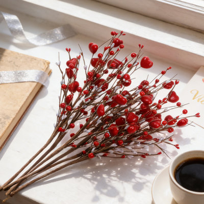 6 pièces de 16 pouces de fleurs artificielles pour la Saint-Valentin - tiges de baies de cœur pour décor de vase, centres de mariage, décorations romantiques pour la maison et la fête, cadeau pour elle, fête des mères