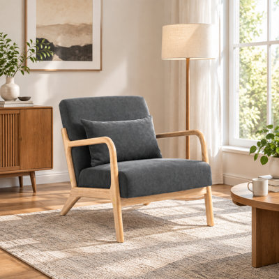 Fauteuil d'appoint moderne du milieu du siècle avec structure en bois massif, revêtement en lin et coton, coussin lombaire - Gris antique