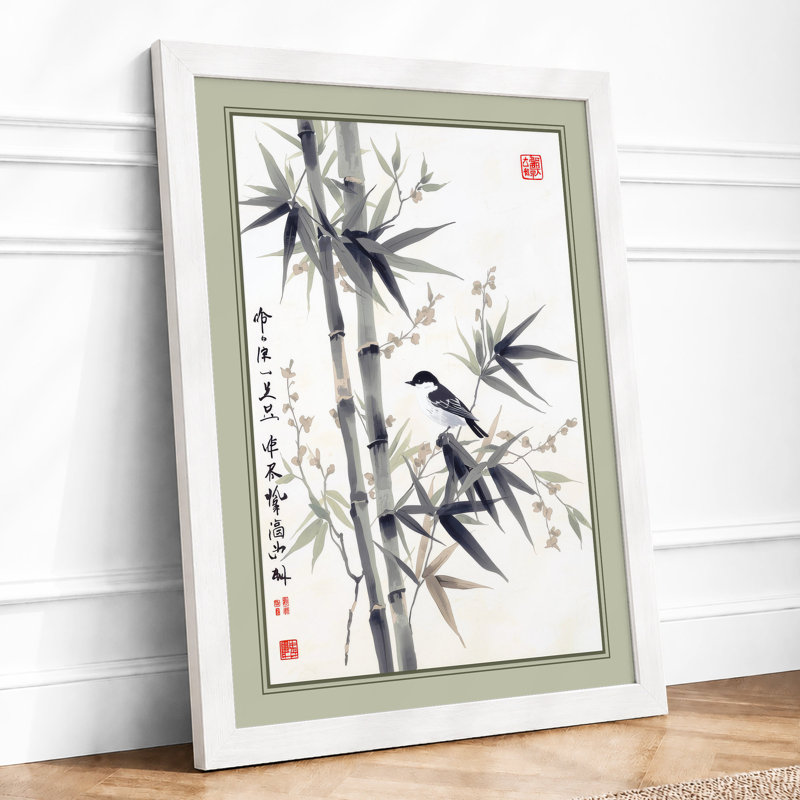 Birds Among Bamboo Japandi - Framed Print, A3 - 42.0 x 29.7 cm, White