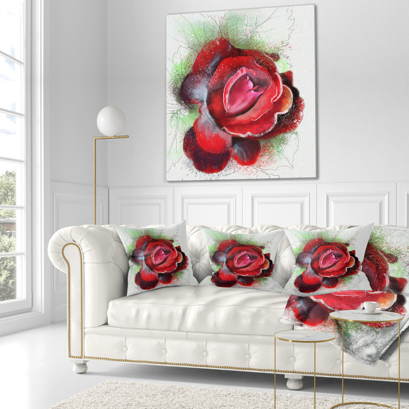 Magnifique rose rouge avec abat-jour vert - coussin à imprimé floral, 16 po x 1 po, Coussin décoratif