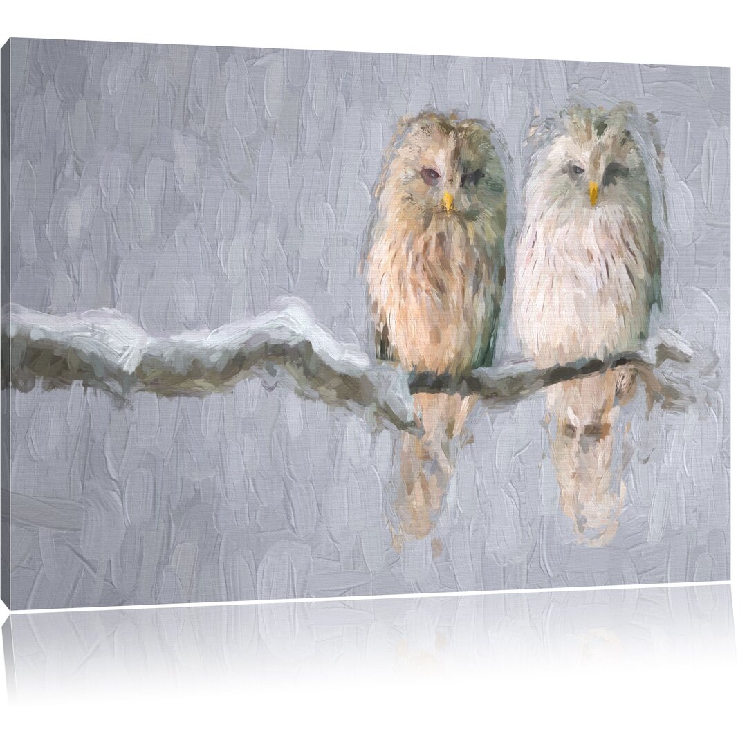 Leinwandbild "Zwei Eulen in Winterlandschaft", Grafikdruck