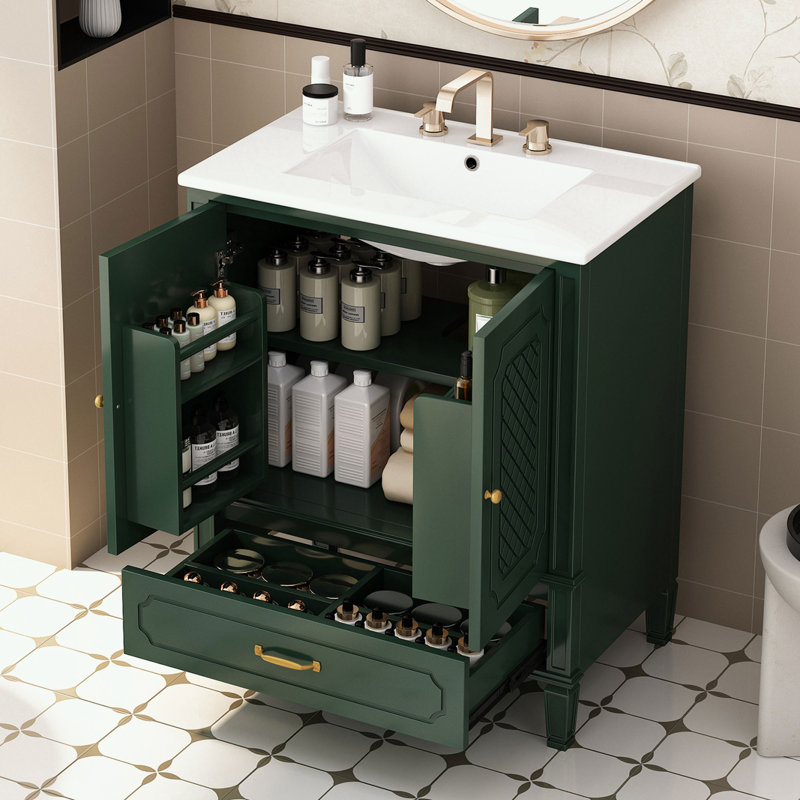 Meuble-lavabo de salle de bain avec lavabo, tablette de porte et porte à fermeture douce, Vert foncé