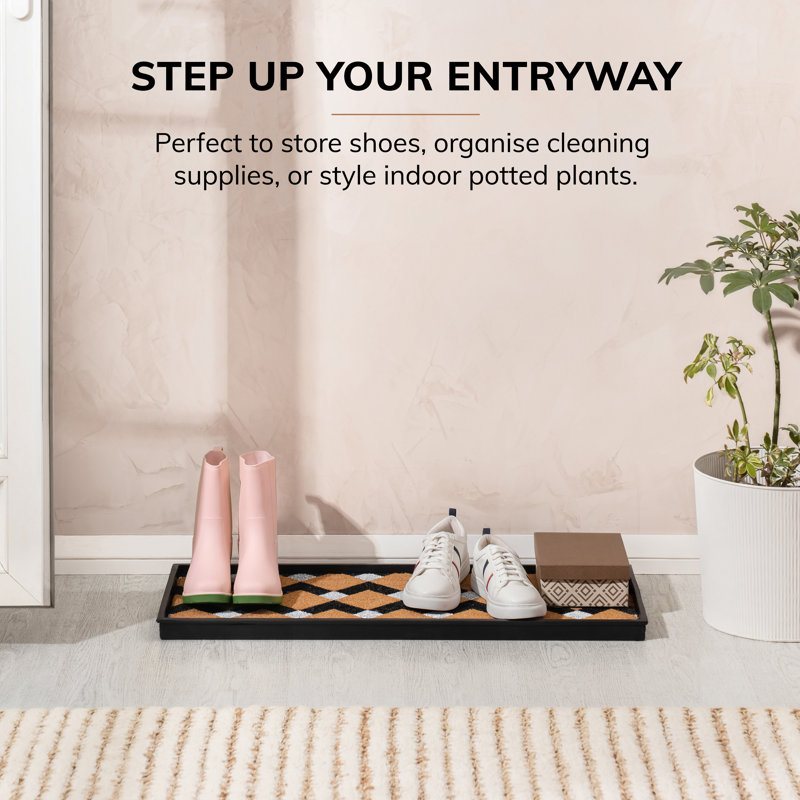 Eco-Friendly 14" x 34" Tan and Ivory Heavy-Duty Rubber Boot Tray with Raised Edge for Muddy Shoes, Garden Tools & Pet Supplies — Indoor/Outdoor
