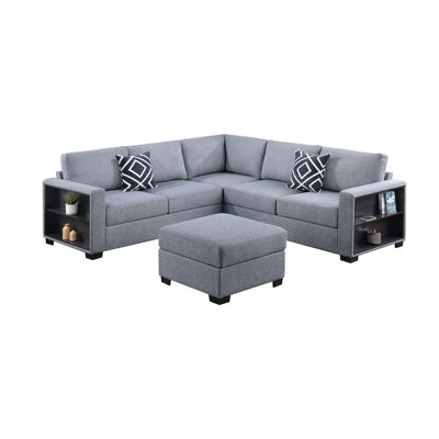 Contemporary Functional Sectional Sofa 4Pc Set Boucle Couch Loveseat W Built-In Shelfs Wedge, Ottoman Living Room Furniture L-Shaped Design Couch