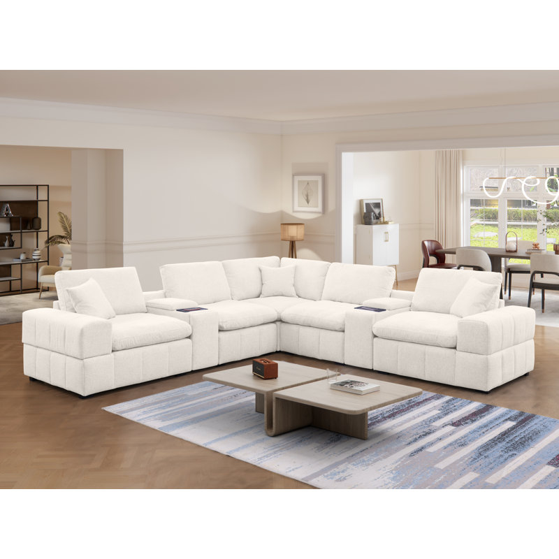 Canapé modulaire rembourré en chenille 7 pièces avec deux console centrale, chargement et rangement sans fil et porte-gobelets