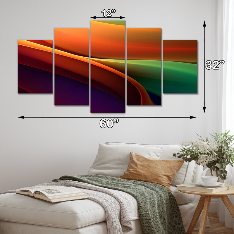 Spectre de courants orange et vert - fractales, reproduction sur toile - 5 panneaux