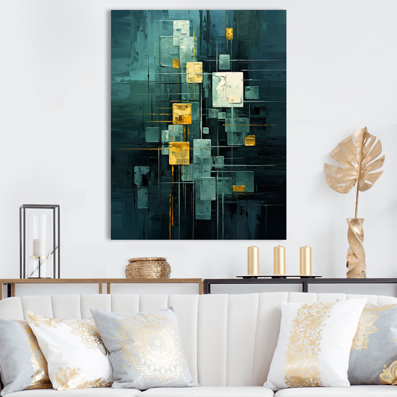 «Sudden Serenity Abstract Turquoise and Gold I», reproduction sur toile, Toile tendue, H 32 po x l 16 po x P 1 po