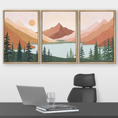 «Sun Mountain Landscape Forest Lake Abstract Minimal Nature Scene», reproduction d'art sur toile encadrée 3 pièces
