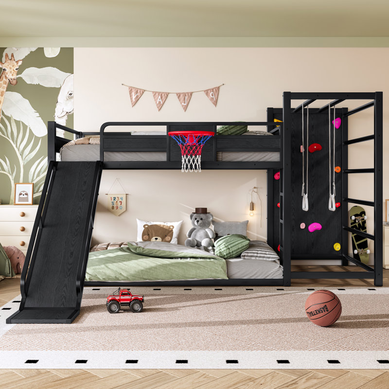 Lit mezzanine double en métal avec glissade et mur d'escalade Roomfitter, lit de sport avec panier de basketball, noir
