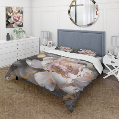 Ensemble de housse de couette Marble Pink Gold Peony Flower IV - Abstract Marble