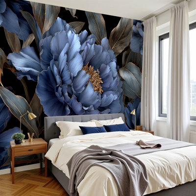 Papier peint adhésif moderne et moderne avec pivoines bleu marine et bohème à motif floral bohème 100 po x l 144 po amovible en papier PVC auto-adhésif luxe minimaliste nordique, décoration murale pour chambre à coucher