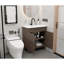 Meuble-lavabo de style Mid-Century de 76 cm (30 pouces) avec armoire marron, lavabo en céramique blanche, rangement sous lavabo, porte à fermeture amortie et motif horizontal à lattes, design moderne et réglable.