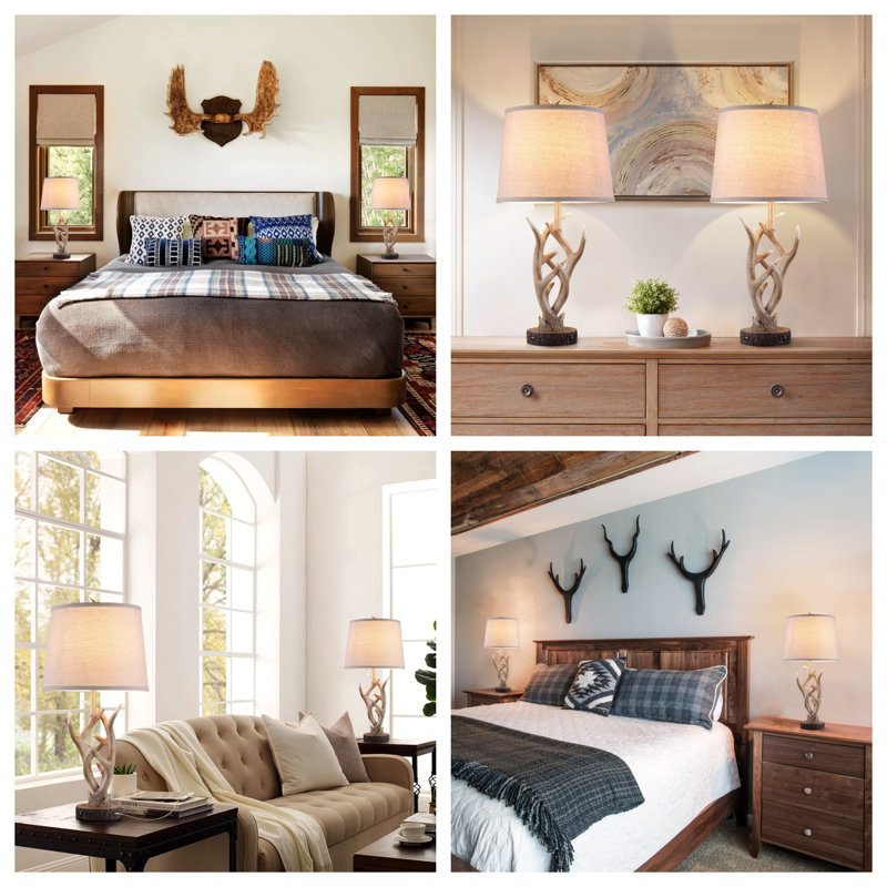 26" Rustic Farmhouse Resin Antler Table Lamp with USB Ports