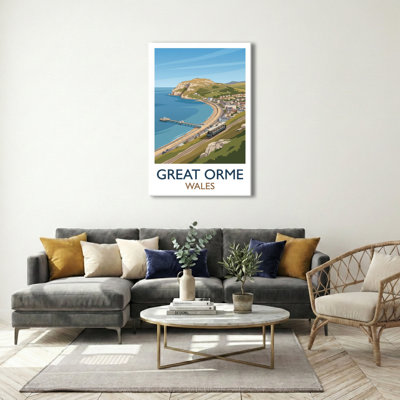 Great Orme, Wales - Romantic Travel Poster of Llandudno Headland and Tramway. Giclee Print on Wrapped Canvas. Wall Art, Home Decor - Natural Landmarks, Wales 1 Piece Wrapped Canvas Wall Art