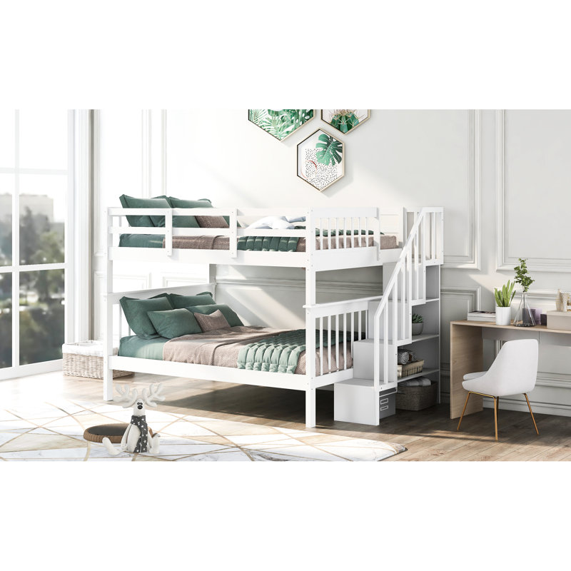 Lit superposé pour escalier avec rangement et garde-corps blanc pour chambre à coucher, pin, tablettes, rail sans ressorts, finition, escalier à quatre marches, ensemble de lattes