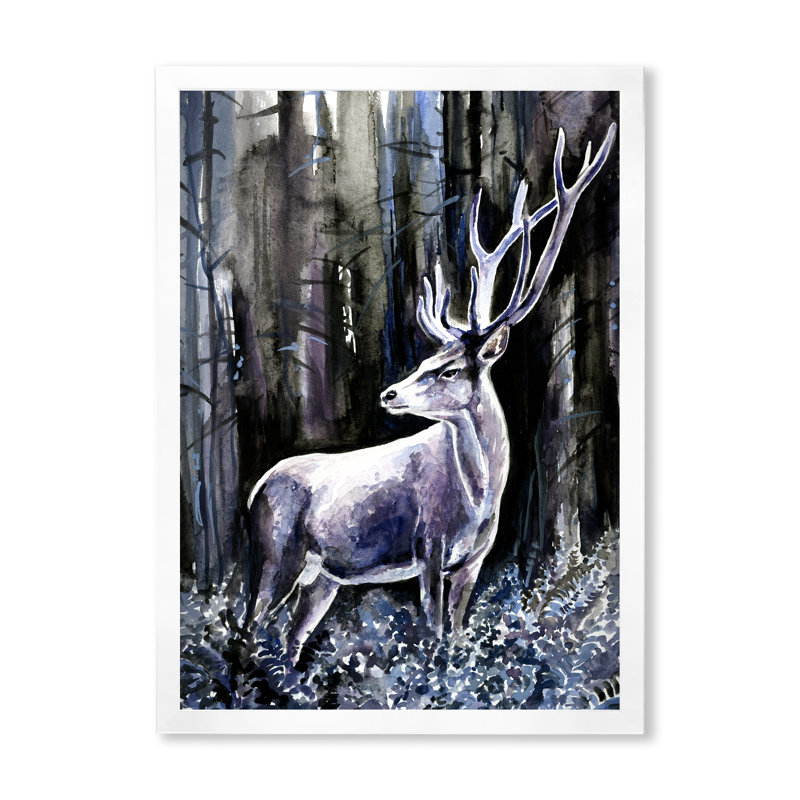 Cerf moderne dans la nature - peinture sur toile, H 36 po x l 24 po x P 1 po, Cadre photo blanc
