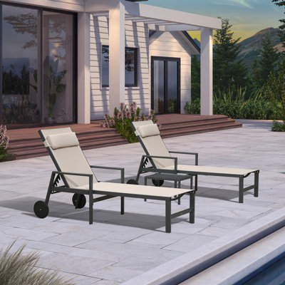 Patio Lounge Chair Set Of 3 Outdoor Chaise Lounger Aluminum Frame With Armrest Side Table And Wheels