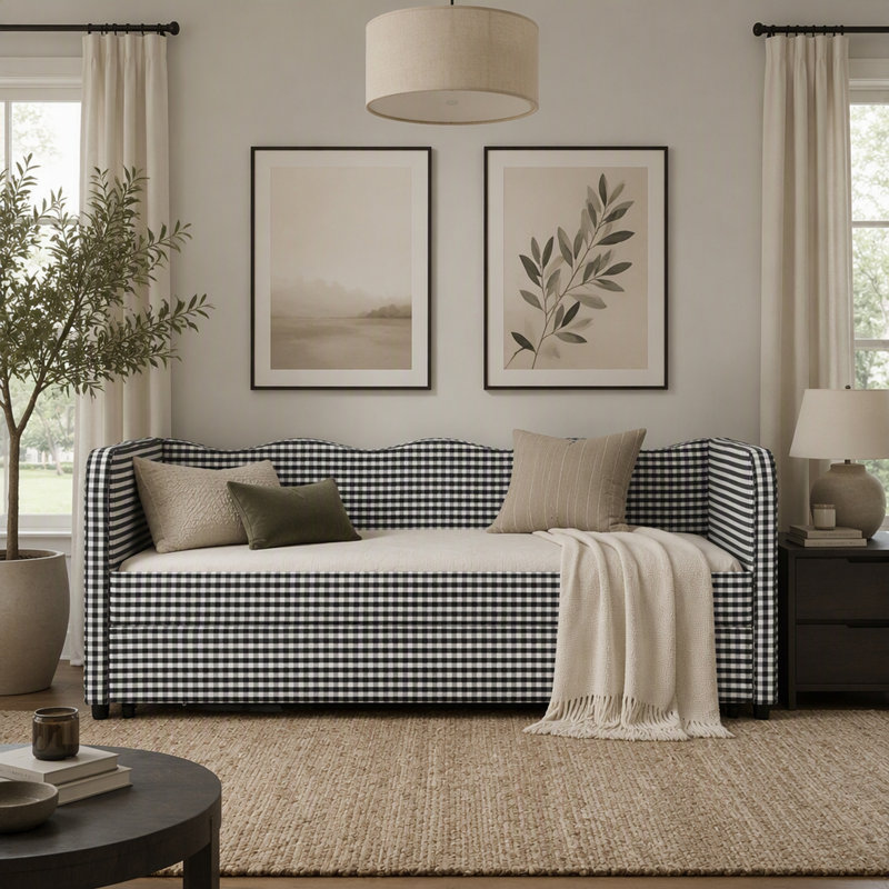 Lit de jour simple Gingham avec lit gigogne convertible 3-en-1, Black