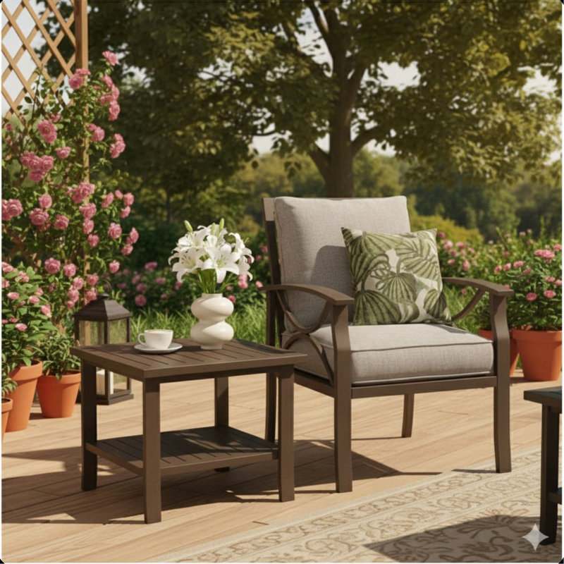 19" Square Brown Metal Outdoor Side Table, 2-Tier All-Weather Patio End Table, Brown