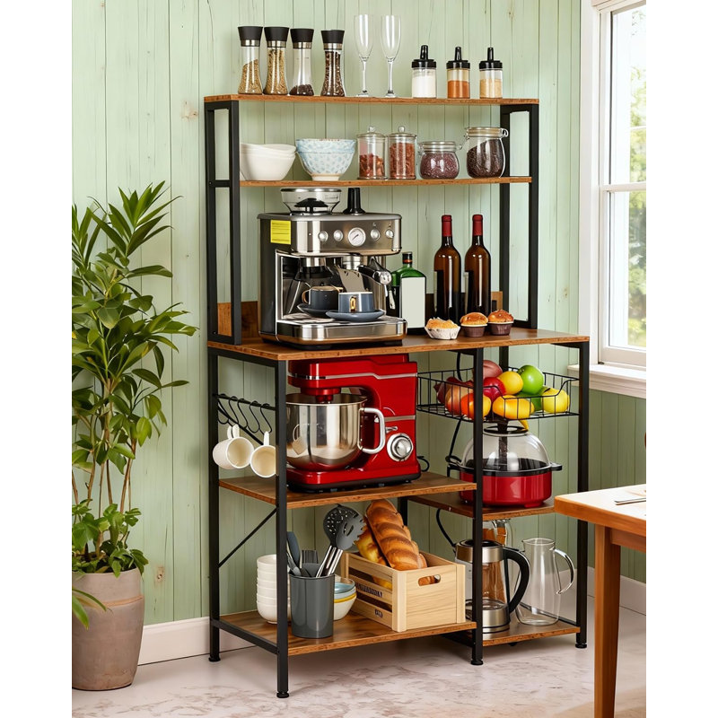 Étagère de cuisine avec prise de courant, support pour four à micro-ondes 35 * 60 pouces avec 4 niveaux de rangement, table basse avec 5 crochets en S, étagère de rangement pour épices, pots, brun rustique