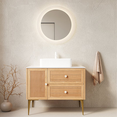 Meuble-lavabo de 36 po avec lavabo, armoire de rangement autoportante en contreplaqué avec 4 pieds en métal, une porte et 2 tiroirs, lavabo rectangulaire en céramique blanche, sans robinet, pré-assemblé, couleur grain de bois de chêne