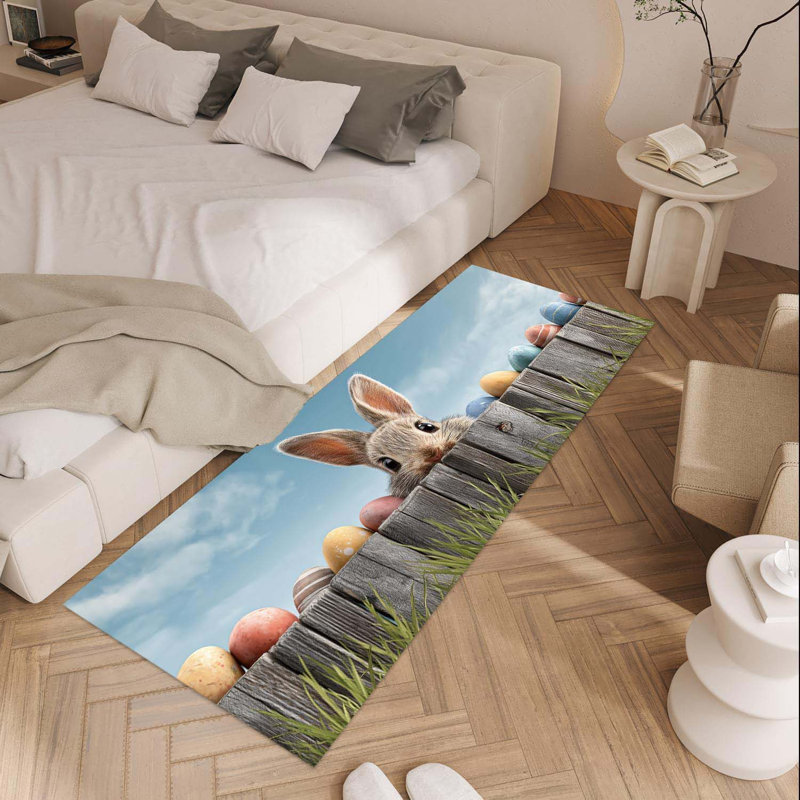 Laundry Room Rug 18X47 Inch – Cute Rabbit Peeking Fence With Colorful Easter Eggs Non Slip Runner Mat For Laundry Room, Kitchen, Entryway And Hallway Decor