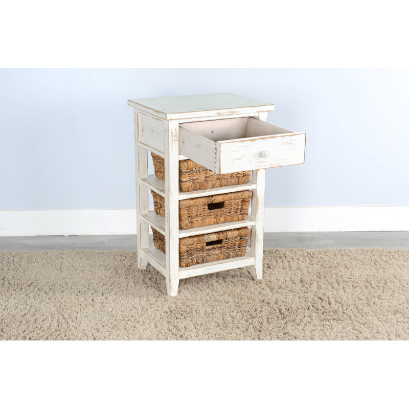 Solid Wood End Table with Storage, White Sand
