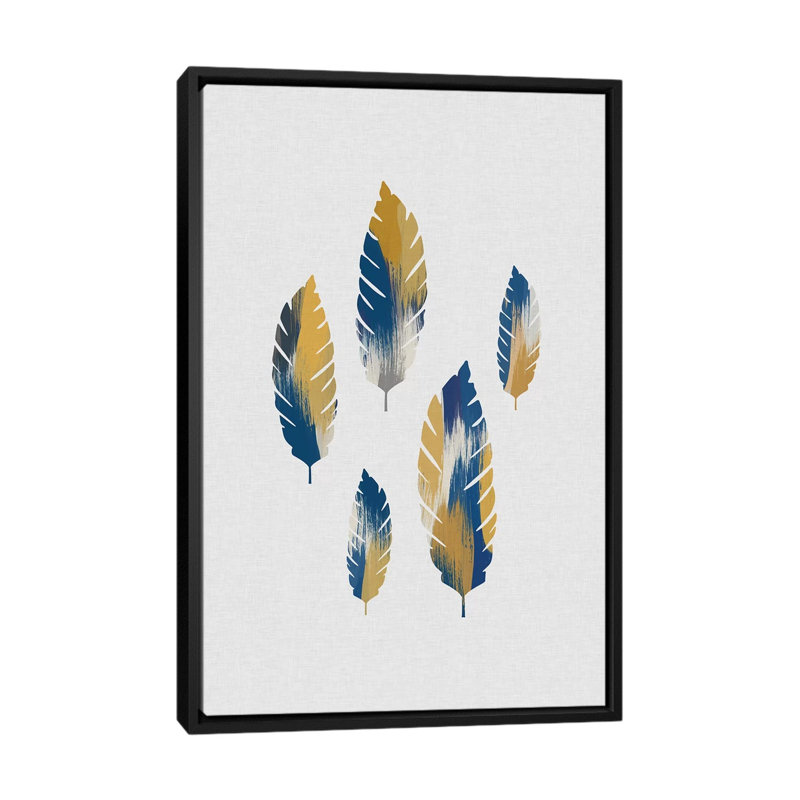 Feuilles bleues et jaunes - impression d'art graphique, H 60 po x l 40po x P 1,5 po, Toile avec cadre noir