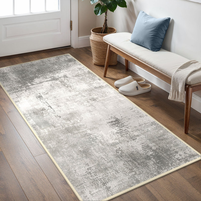 Abstract Machine Printed Area Rug, Rectangle 80 x 150 cm, Grey/Ivory