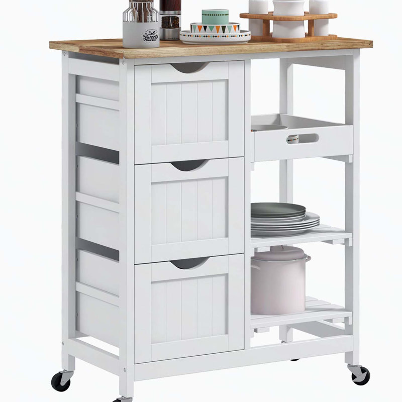 Rolling Kitchen Island Cart, Bar Serving Cart with Drawers, White