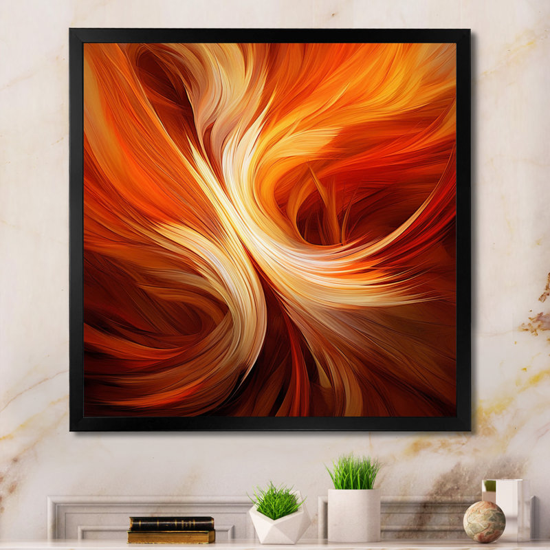 «Orange Abstract Warm Fractal Design VI», art mural fractales, H 20 po x l 12 po x P 1 po, Cadre simple noir
