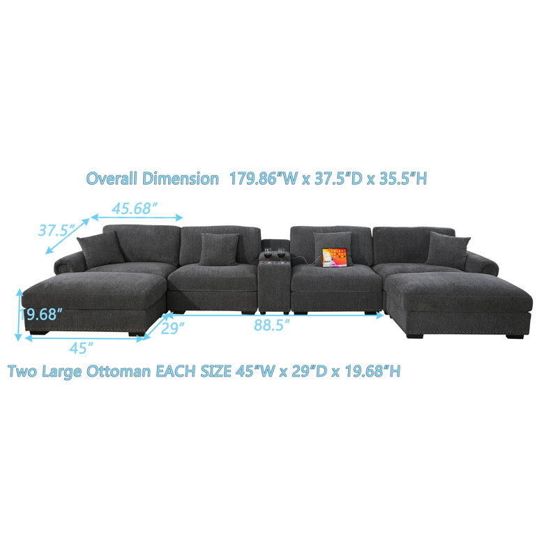 7 - Piece 179.86" U Shape Sectional Sofa Cloud Couch With Removable Ottomans & Cup Holder, USB & Type-C Charging Ports