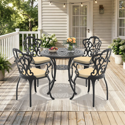 Ensemble de 5 meubles de patio en aluminium coulé avec cadre noir et coussins de siège blanc cassé