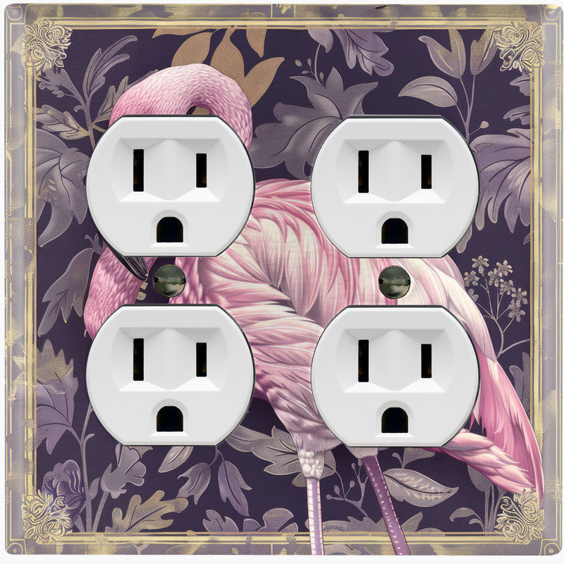 Couvercle de plaque d'interrupteur en métal; Rectangle 2 bandes US standard - Flamant tropical, Prise double # 9