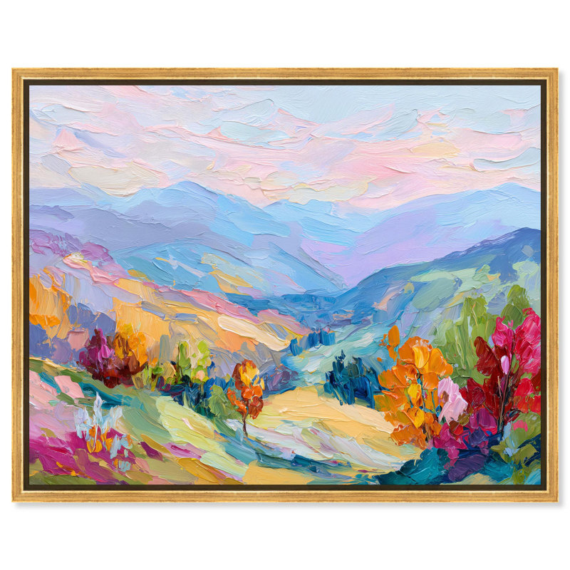 «Colorful Valley I», toile paysage coloré par , Cadre flottant doré, H 37 po x l 46 po