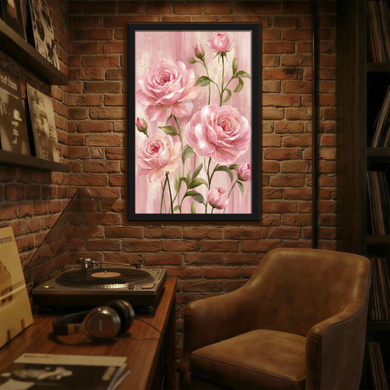 Plantes et fleurs roses sur fond doux avec feuilles vertes, H 18 po x l 12 po