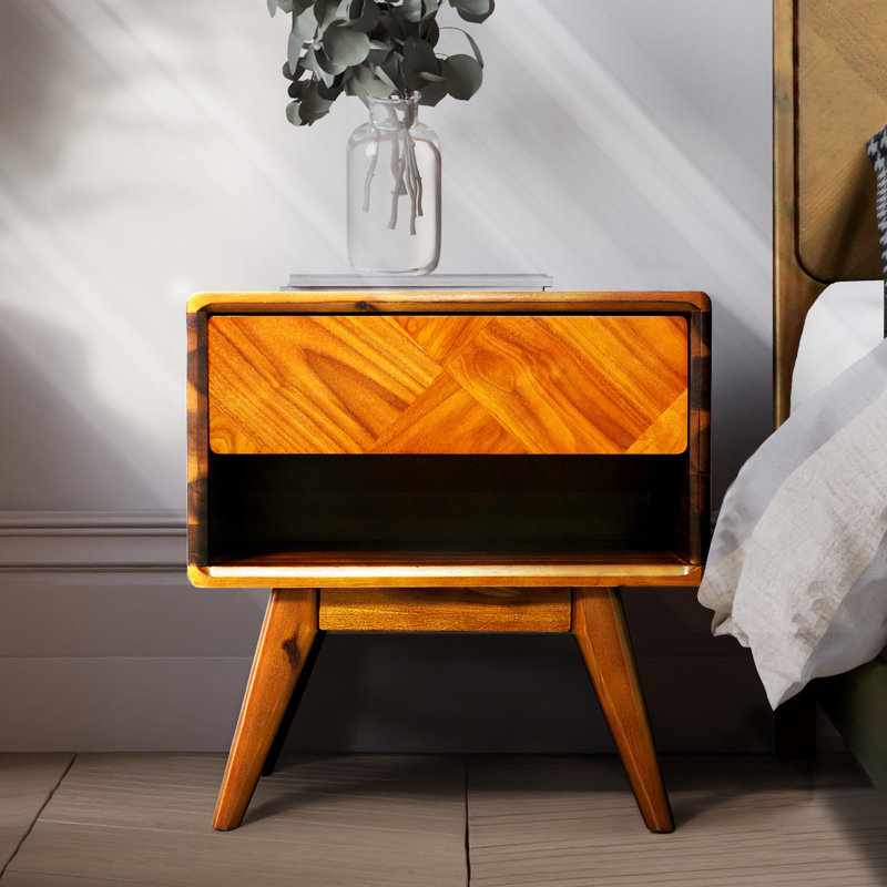 Solid Acacia Wood Nightstand, Bedside Table with Drawer & Open Shelf, Mid-Century Art Deco Accent Piece, Scratch & Water-Resistant