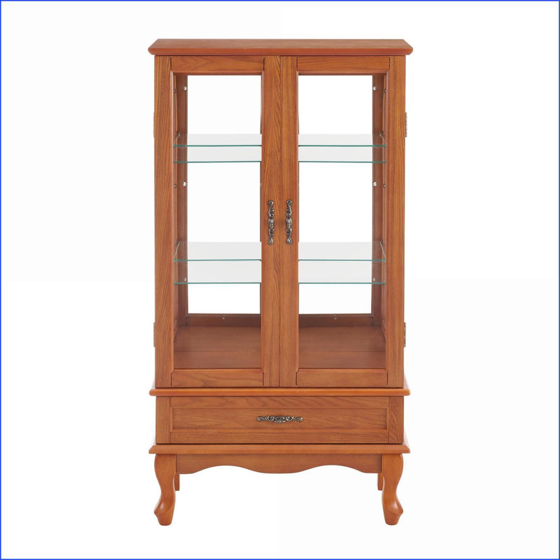 Armoires, vitrine traditionnelle en noyer brun avec lumières DEL, tablettes réglables, tiroir de rangement | Panneau de fibres à densité moyenne + verre | Salon