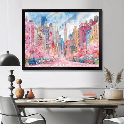 Rose, bleu, bâtiments de New York en été - salon d'art mural de New York