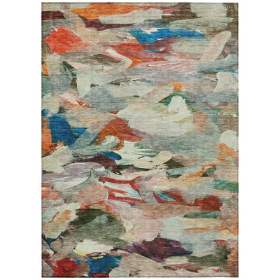 5' X 8' Green Teal Blue And Terra Cotta Abstract Washable Indoor Outdoor Area Rug