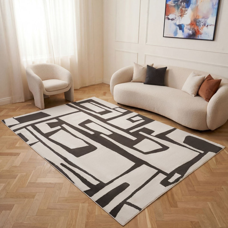 Loft Modern Abstract Living Room Area Rug and Runner Soft Pile, Dark Grey/Ivory, Rectangle 120 x 170 cm