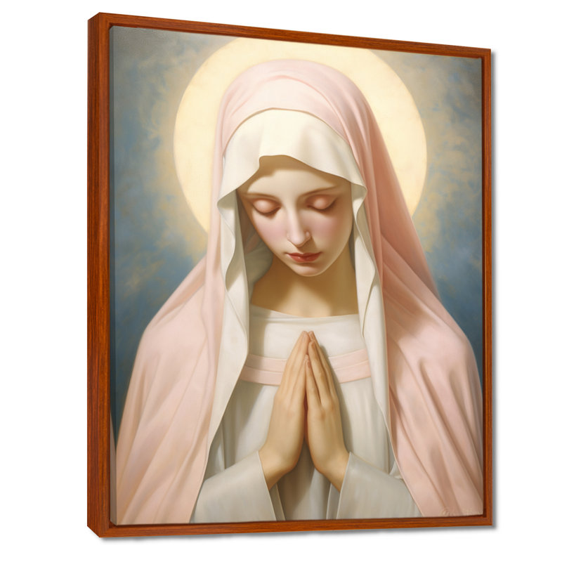 Sainte Marie pastel rose brillant Halo - Christianisme, art mural salon, Toile avec cadre flottant brun