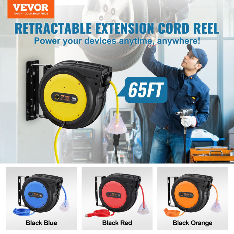 Enrouleur de cordon d'extension rétractable, 65 pi, robuste 12AWG / 3C SJTOW Cordon d'alimentation rétractable avec prise de courant triple éclairée, disjoncteur 15 ampères Support pivotant à 180 ° pour fixation au plafond ou au mur