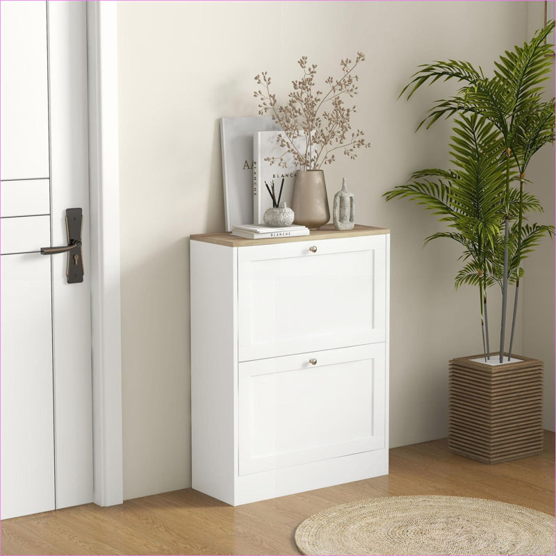 Slim Shoe Cabinet, Modern Hidden Shoe Storage Cabinet With 2 Flip Drawers, Brown/White