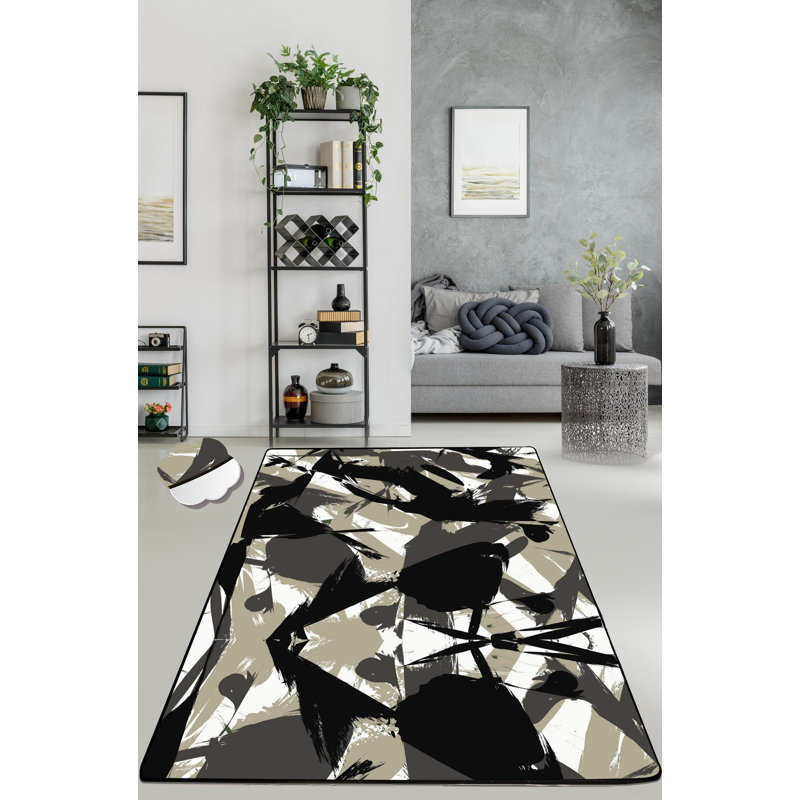 Stylish Area Rug (5.0 x 7.9 ft), Black, Mink & Beige | 100% Polyester, 0.4 in Pile Height, Antibacterial, Non-Slip Felt Dot Underside | Machine Washable, Easy Care | Perfect for Living Room, Bedroom & Office Decor